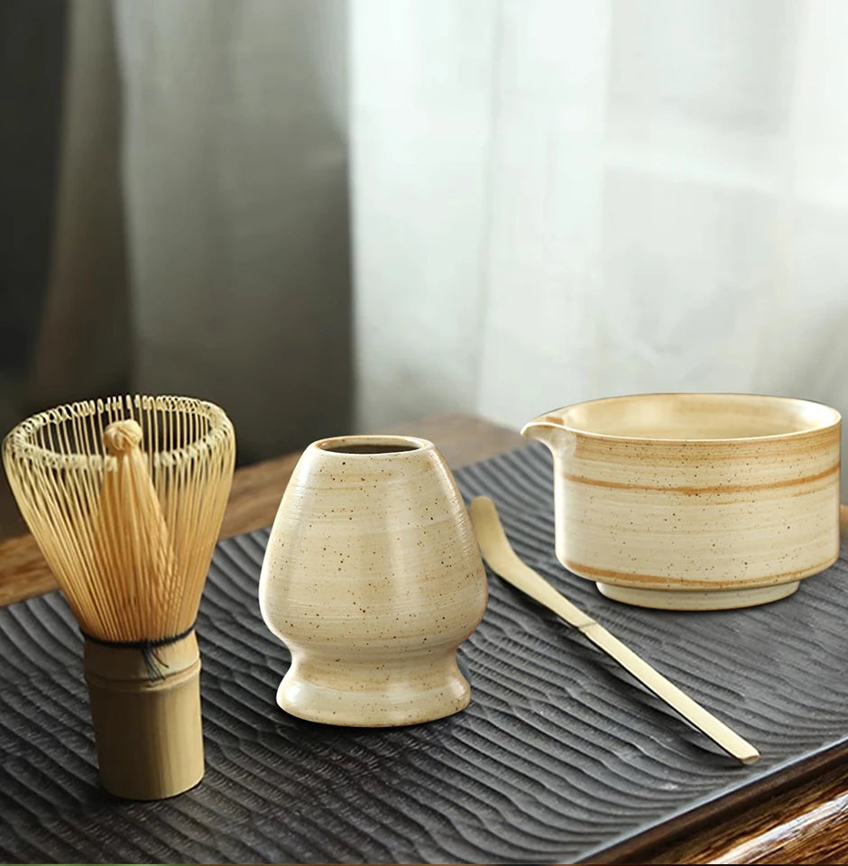 4-Piece Japanese Matcha Tea Set – Bamboo Whisk, Scoop, Bowl, and Whisk Holder – Ideal for Tea Ceremony and Home Us