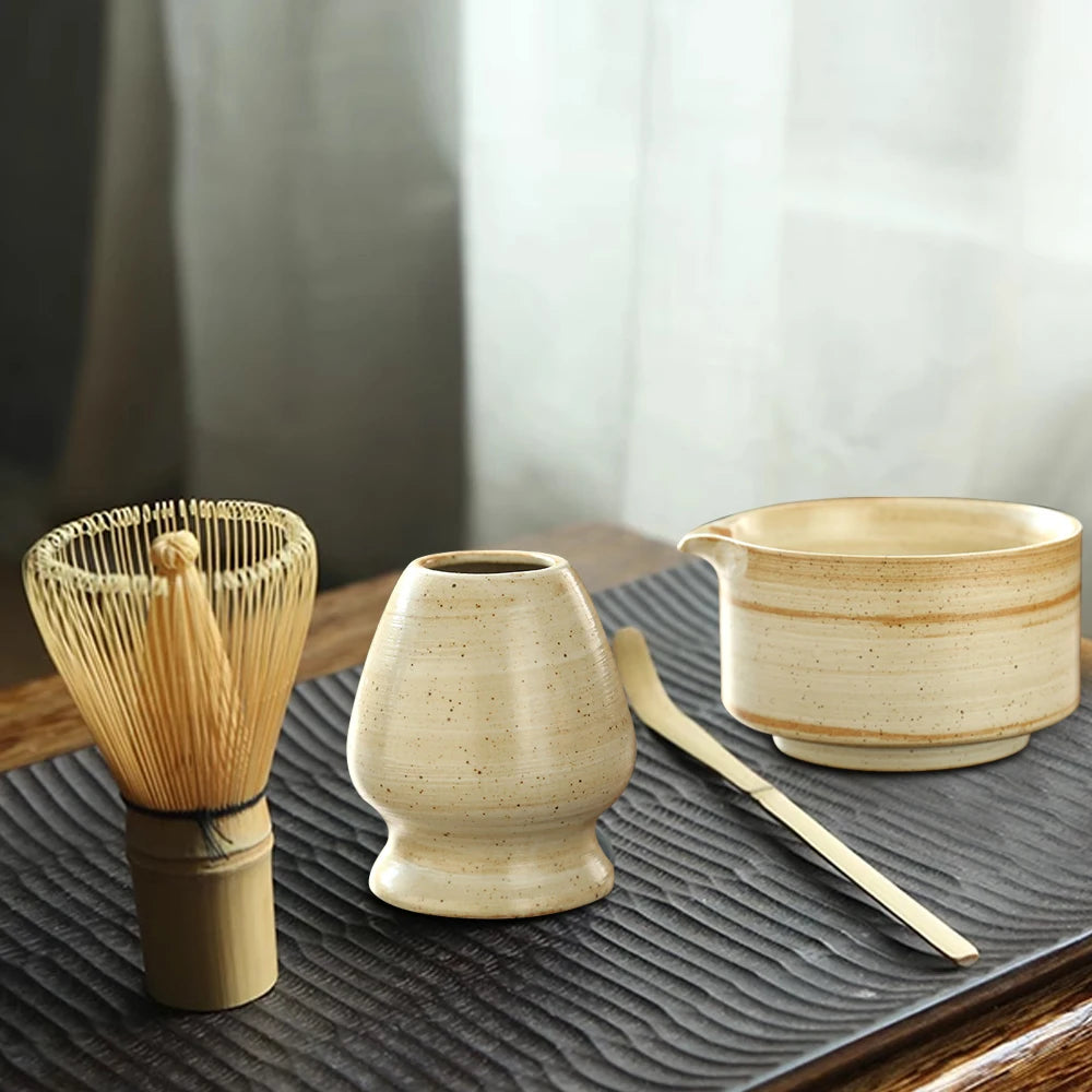 4-Piece Japanese Matcha Tea Set – Bamboo Whisk, Scoop, Bowl, and Whisk Holder – Ideal for Tea Ceremony and Home Us